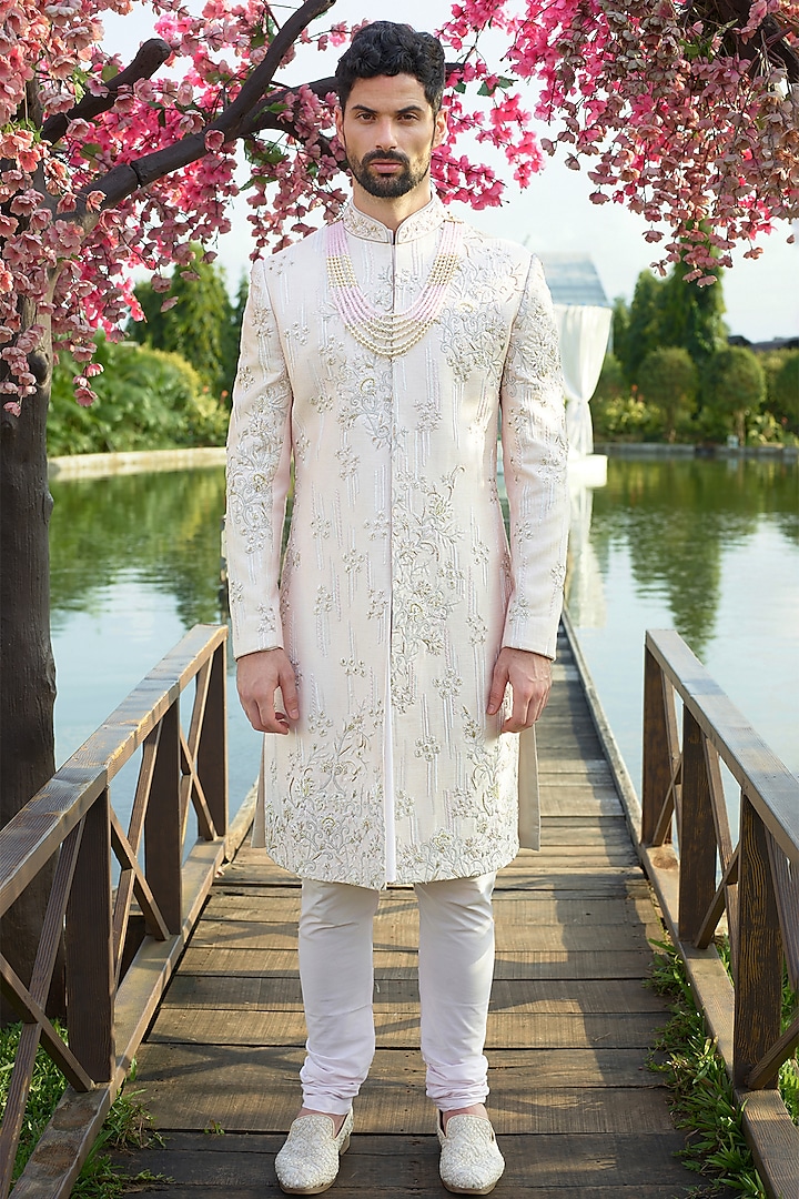 Blush Pink Silk Resham Embellished Wedding Sherwani Set by RE CHANNEL at Pernia's Pop Up Shop