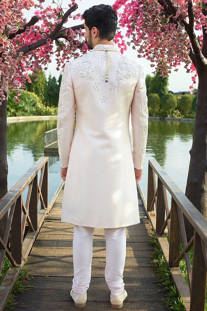 Blush Pink Silk Resham Embellished Wedding Sherwani Set by RE CHANNEL at Pernia's Pop Up Shop