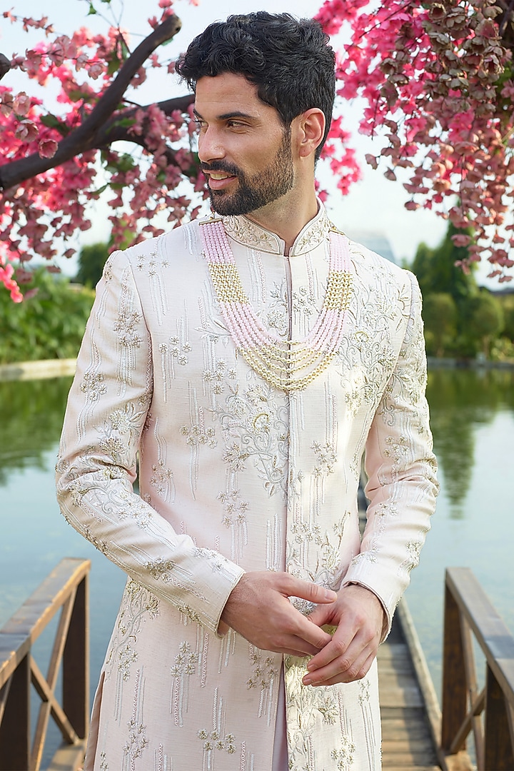 Blush Pink Silk Resham Embellished Wedding Sherwani Set by RE CHANNEL at Pernia's Pop Up Shop