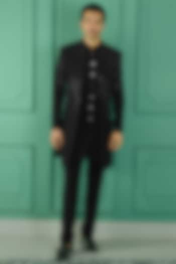 Black Imported Suiting Fabric Floral Embroidered Indo-Western Set by RE CHANNEL at Pernia's Pop Up Shop