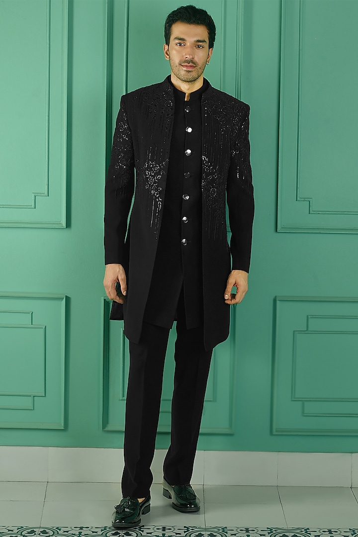 Black Imported Suiting Fabric Floral Embroidered Indo-Western Set by RE CHANNEL at Pernia's Pop Up Shop