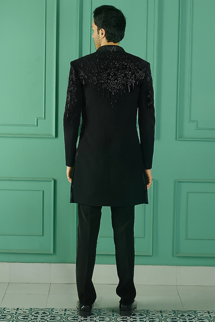 Black Imported Suiting Fabric Floral Embroidered Indo-Western Set by RE CHANNEL at Pernia's Pop Up Shop