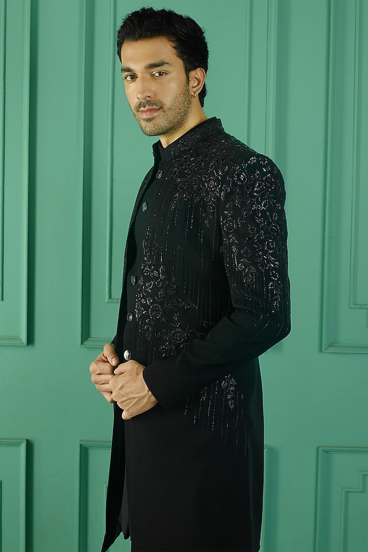 Black Imported Suiting Fabric Floral Embroidered Indo-Western Set by RE CHANNEL at Pernia's Pop Up Shop