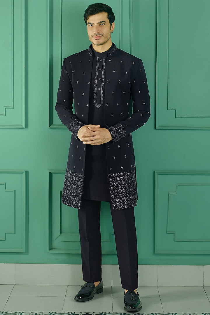 Blue Imported Suiting Fabric Resham Embroidered Indo-Western Set by RE CHANNEL at Pernia's Pop Up Shop