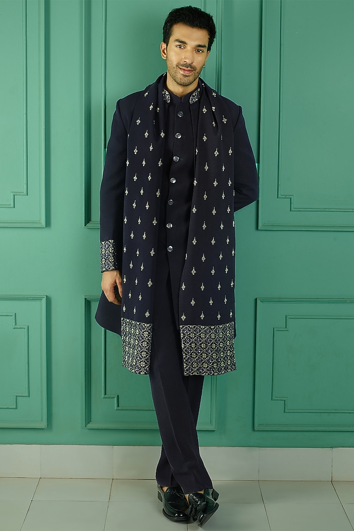 Navy Blue Imported Suiting Fabric Cutdana Embroidered Indo-Western Set by RE CHANNEL at Pernia's Pop Up Shop