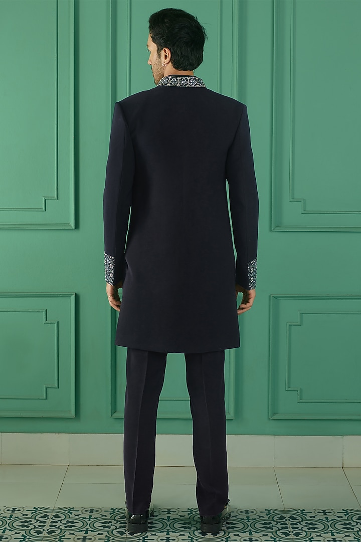 Navy Blue Imported Suiting Cutdana Embroidered Indo-Western Set by RE CHANNEL at Pernia's Pop Up Shop