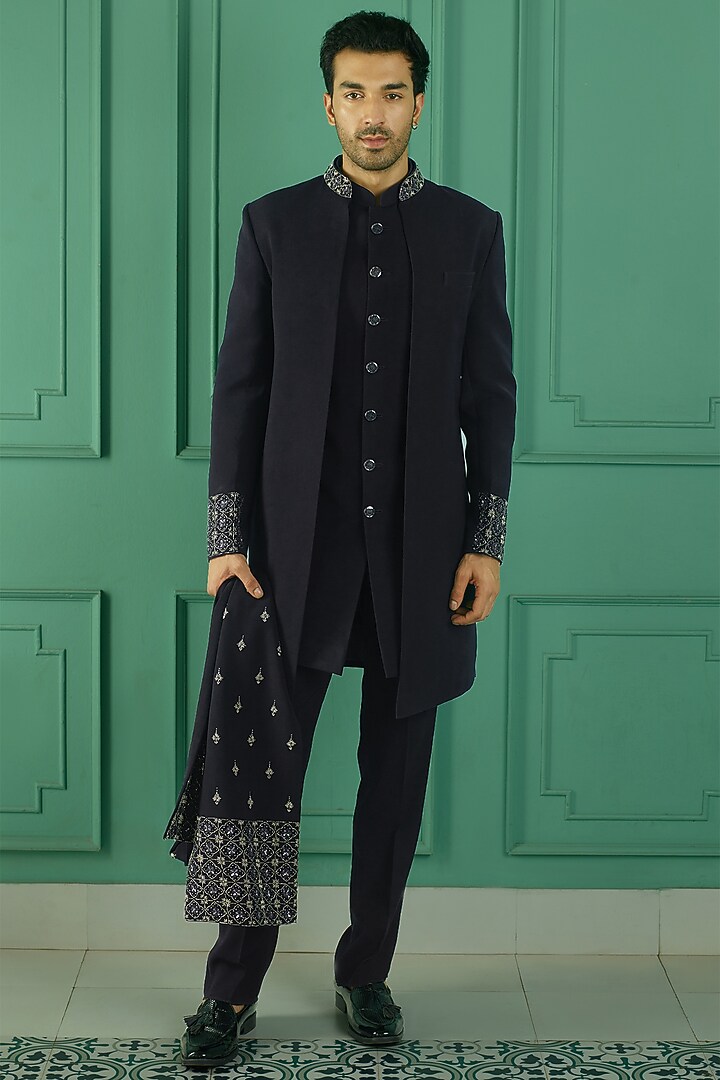 Navy Blue Imported Suiting Cutdana Embroidered Indo-Western Set by RE CHANNEL at Pernia's Pop Up Shop