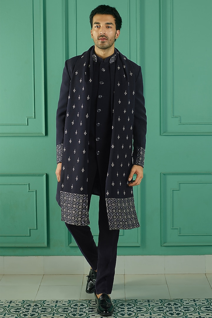 Navy Blue Imported Suiting Cutdana Embroidered Indo-Western Set by RE CHANNEL at Pernia's Pop Up Shop