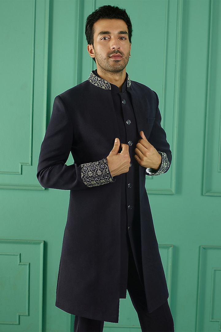 Navy Blue Imported Suiting Cutdana Embroidered Indo-Western Set by RE CHANNEL at Pernia's Pop Up Shop