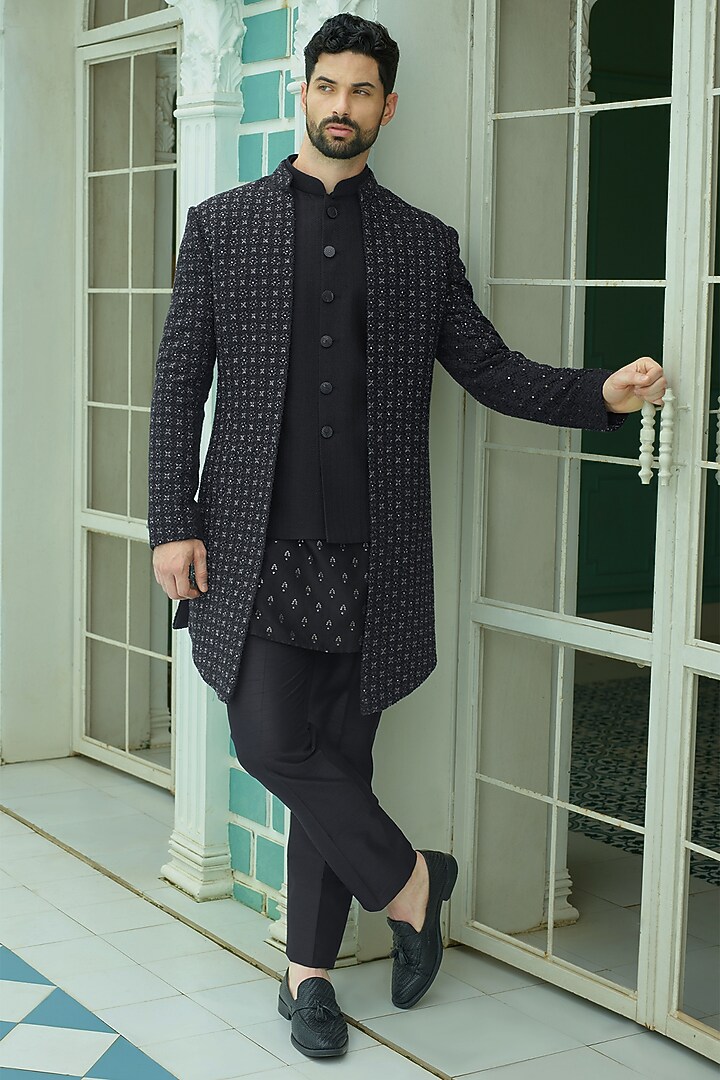 Black Lucknowi Cutdana Embroidered Indo-Western Set by RE CHANNEL at Pernia's Pop Up Shop