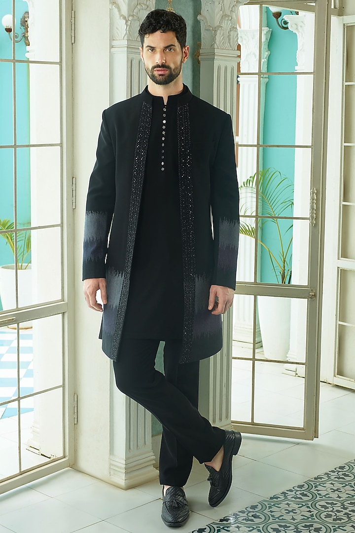 Black Japanese Suiting Fabric Beads Embroidered Indo-Western Set by RE CHANNEL at Pernia's Pop Up Shop