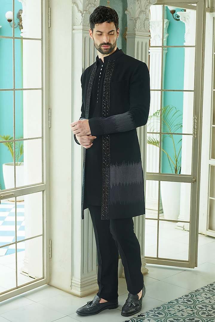 Black Japanese Suiting Fabric Beads Embroidered Indo-Western Set by RE CHANNEL at Pernia's Pop Up Shop