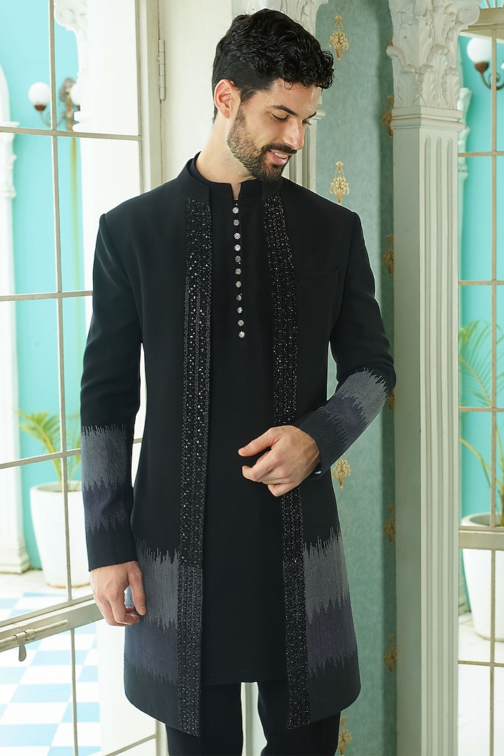 Black Japanese Suiting Fabric Beads Embroidered Indo-Western Set by RE CHANNEL at Pernia's Pop Up Shop