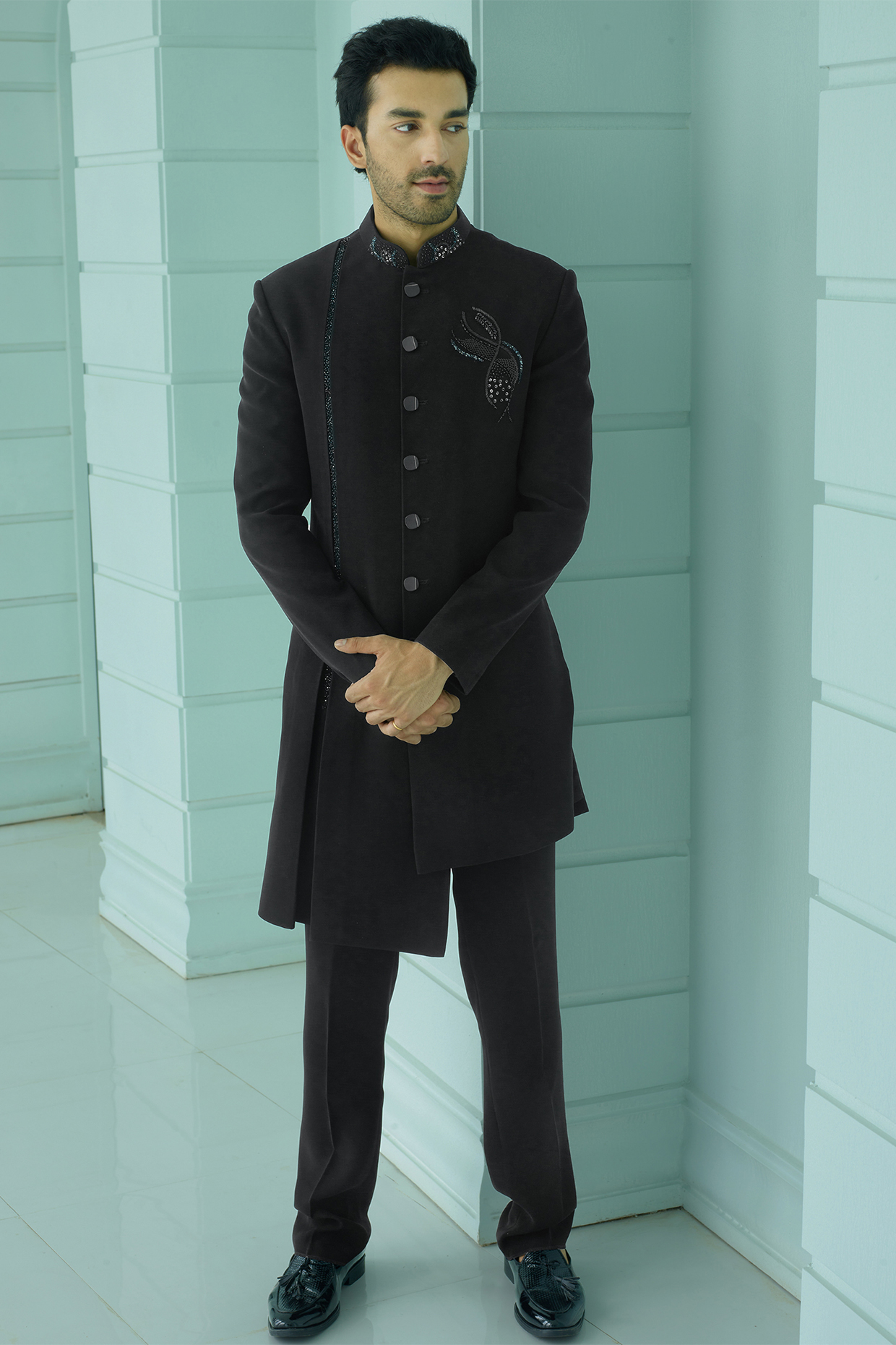 Black Japanese Suiting Fabric Sequins Embroidered Asymmetric Indo-Western Set by RE CHANNEL at Pernia's Pop Up Shop