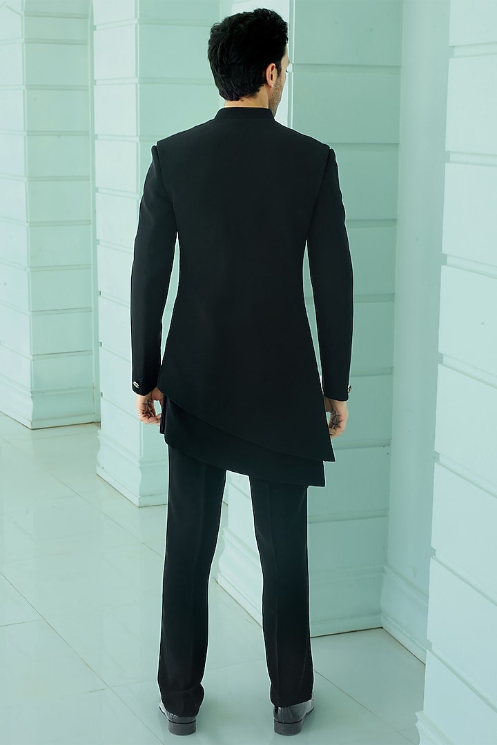 Black Japanese Suiting Fabric Sequins Embroidered Asymmetric Indo-Western Set by RE CHANNEL at Pernia's Pop Up Shop
