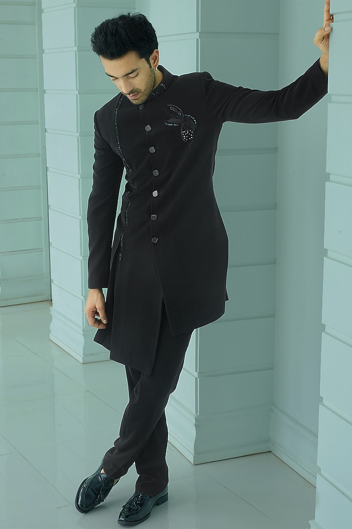 Black Japanese Suiting Fabric Sequins Embroidered Asymmetric Indo-Western Set by RE CHANNEL at Pernia's Pop Up Shop