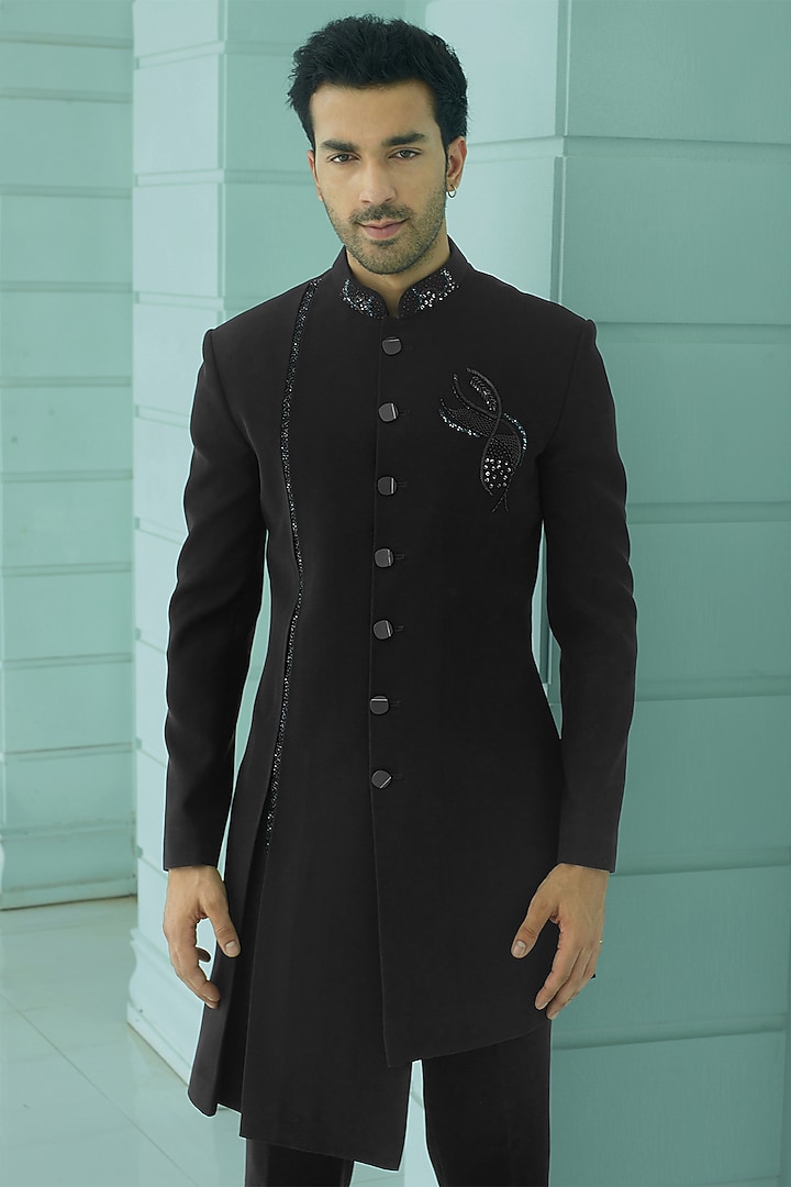 Black Japanese Suiting Fabric Sequins Embroidered Asymmetric Indo-Western Set by RE CHANNEL at Pernia's Pop Up Shop