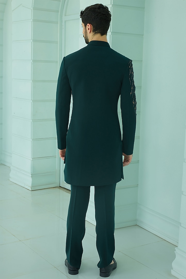 Green Imported Suiting Fabric Cutdana Embroidered Asymmetric Indo-Western Set by RE CHANNEL at Pernia's Pop Up Shop