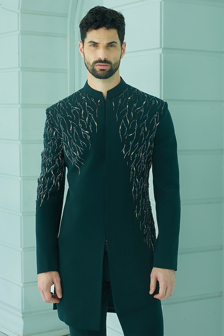 Green Imported Suiting Fabric Cutdana Embroidered Asymmetric Indo-Western Set by RE CHANNEL at Pernia's Pop Up Shop