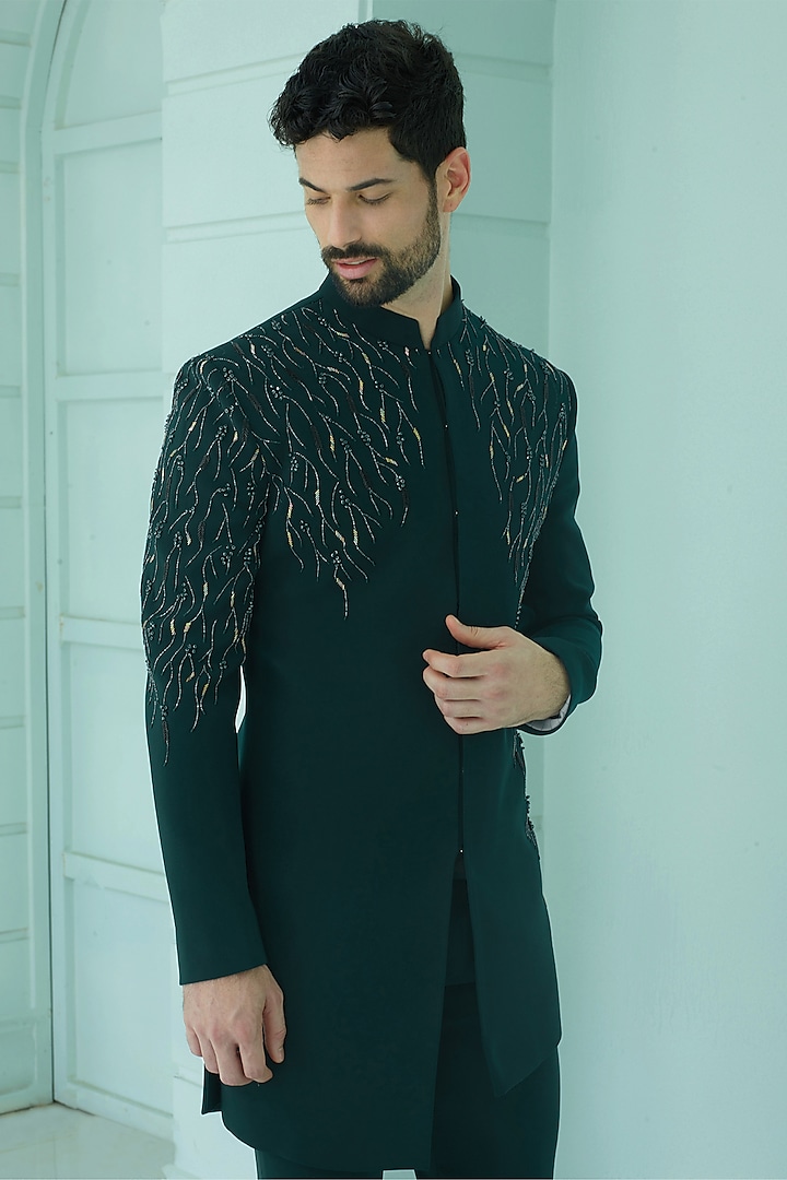 Green Imported Suiting Fabric Cutdana Embroidered Asymmetric Indo-Western Set by RE CHANNEL at Pernia's Pop Up Shop