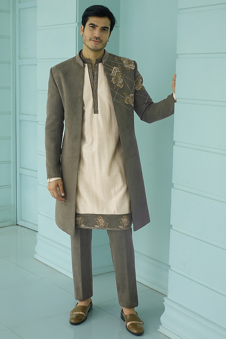Olive Green Khaki Suede Cutdana Embroidered Indo-Western Set by RE CHANNEL