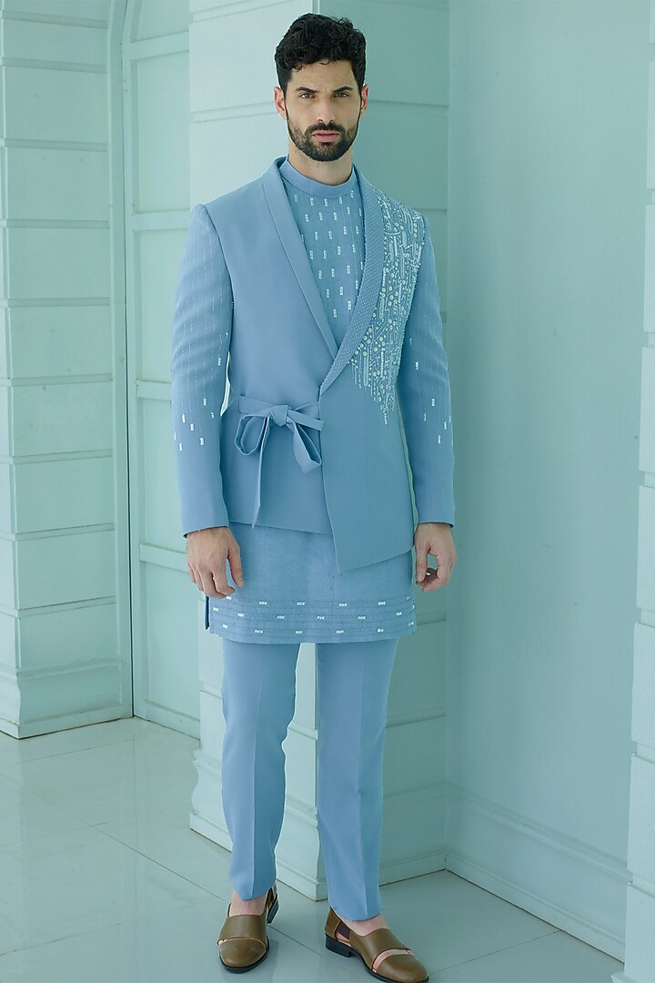 Sky Blue Imported Suiting Fabric Sequins Embroidered Asymmetrical Indo-Western Set by RE CHANNEL at Pernia's Pop Up Shop
