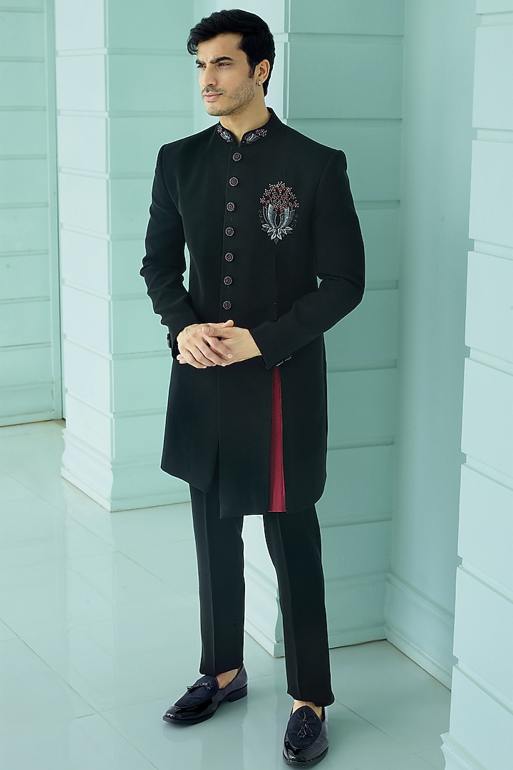 Black Japanese Suiting Fabric Resham Embroidered Asymmetrical Indo