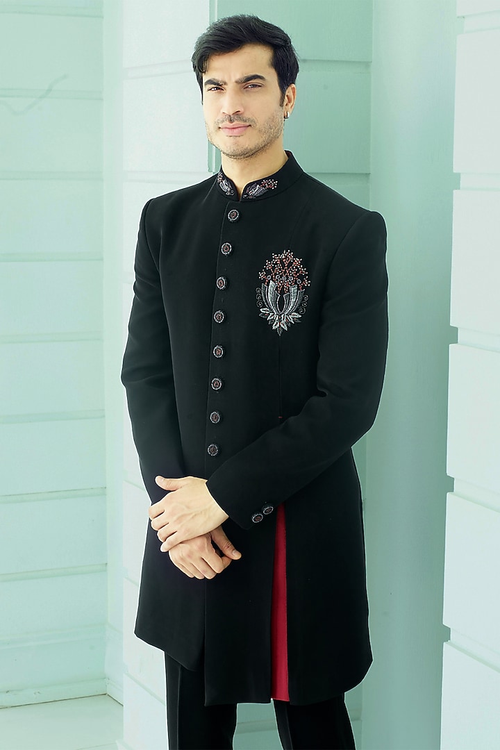 Black Japanese Suiting Fabric Resham Embroidered Asymmetrical Indo-Western Set by RE CHANNEL at Pernia's Pop Up Shop