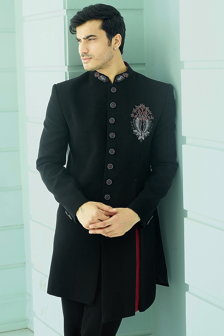 Black Japanese Suiting Fabric Resham Embroidered Asymmetrical Indo-Western Set by RE CHANNEL at Pernia's Pop Up Shop