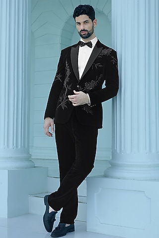 Black Velvet Suiting Fabric Cutdana Embroidered Tuxedo Set by RE CHANNEL