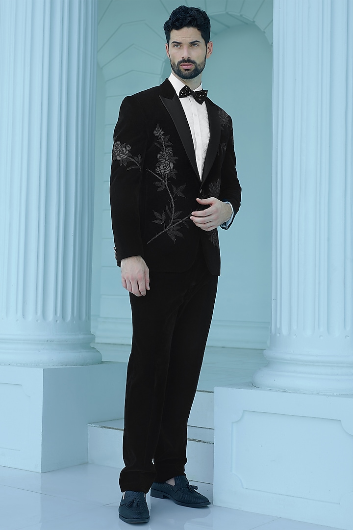 Black Velvet Suiting Fabric Cutdana Embroidered Tuxedo Set by RE CHANNEL at Pernia's Pop Up Shop