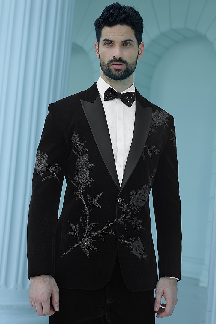 Black Velvet Suiting Fabric Cutdana Embroidered Tuxedo Set by RE CHANNEL at Pernia's Pop Up Shop