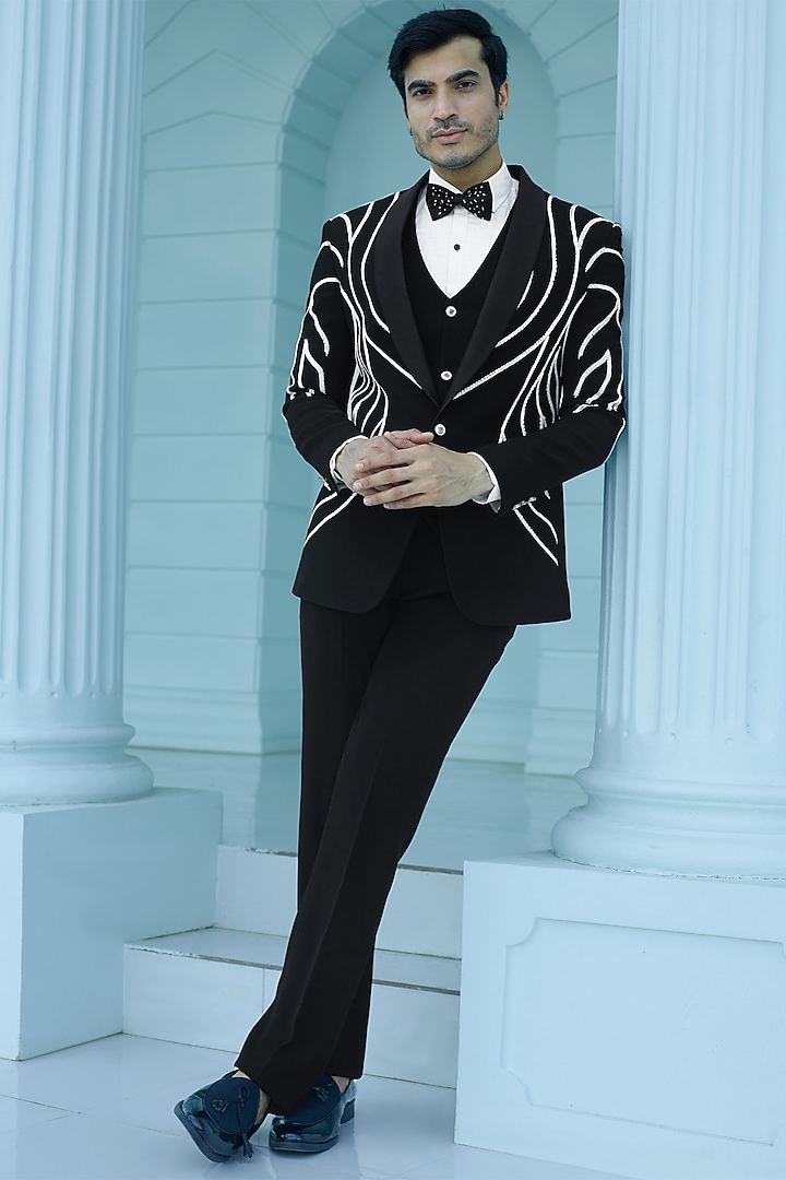 Black Japanese Suiting Fabric Sequins Embroidered Tuxedo Set by RE CHANNEL at Pernia's Pop Up Shop