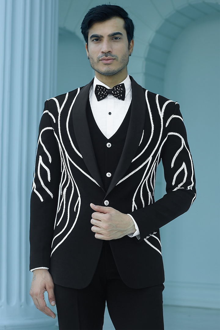 Black Japanese Suiting Fabric Sequins Embroidered Tuxedo Set by RE CHANNEL at Pernia's Pop Up Shop
