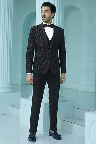 Black Japanese Suiting Fabric Resham Embellished Tuxedo Set by RE CHANNEL