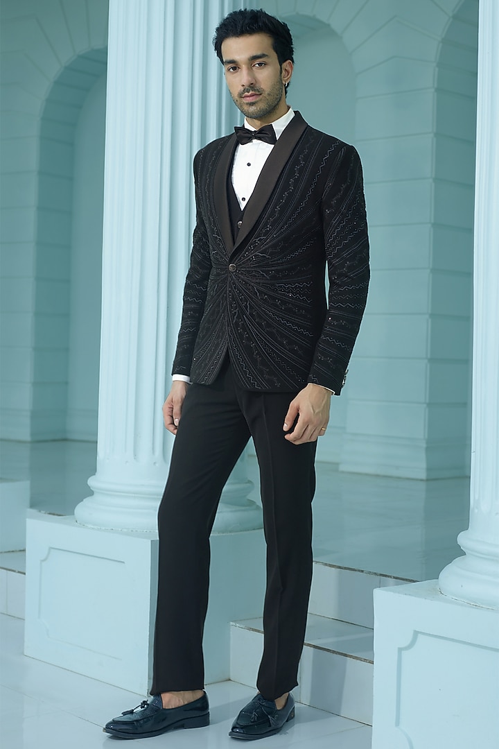 Black Japanese Suiting Fabric Resham Embellished Tuxedo Set by RE CHANNEL at Pernia's Pop Up Shop