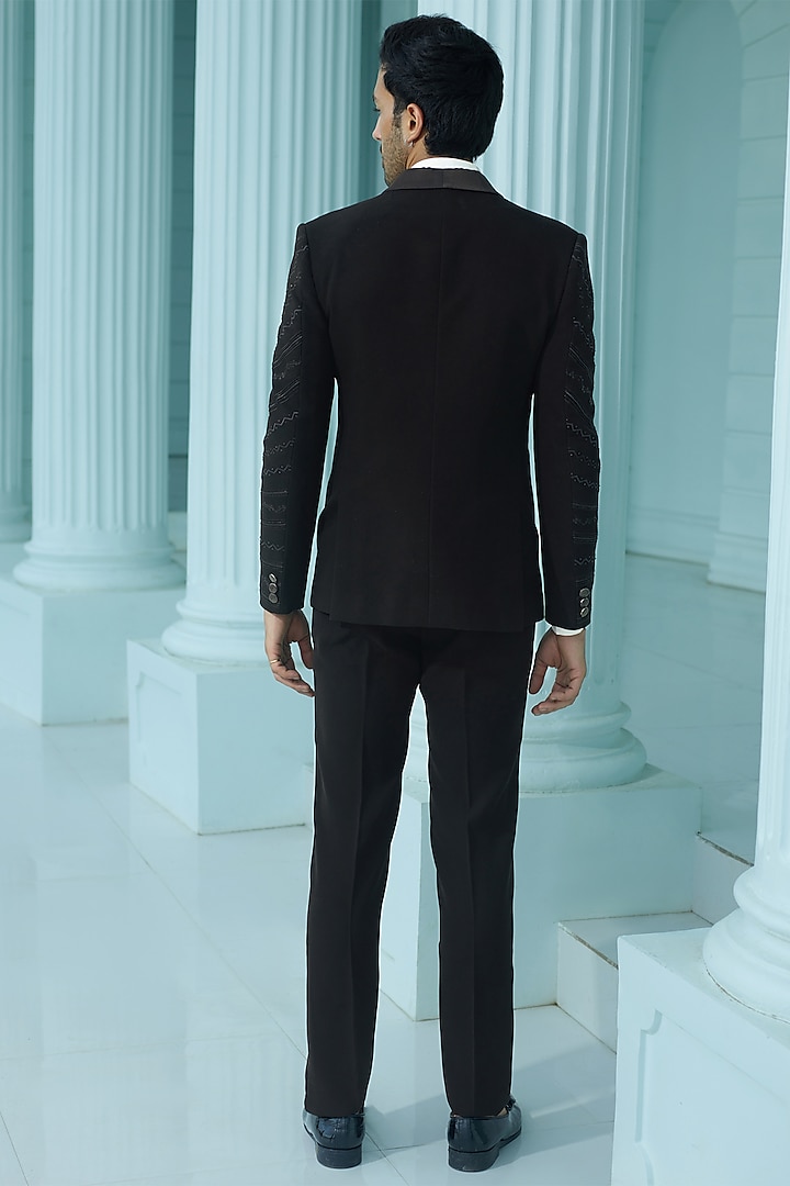 Black Japanese Suiting Fabric Resham Embellished Tuxedo Set by RE CHANNEL at Pernia's Pop Up Shop