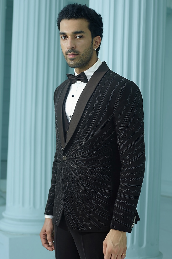 Black Japanese Suiting Fabric Resham Embellished Tuxedo Set by RE CHANNEL at Pernia's Pop Up Shop