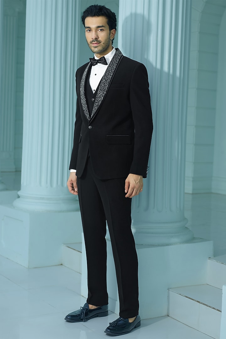 Black Japanese Suiting Fabric Beads Embellished Tuxedo Set by RE CHANNEL at Pernia's Pop Up Shop