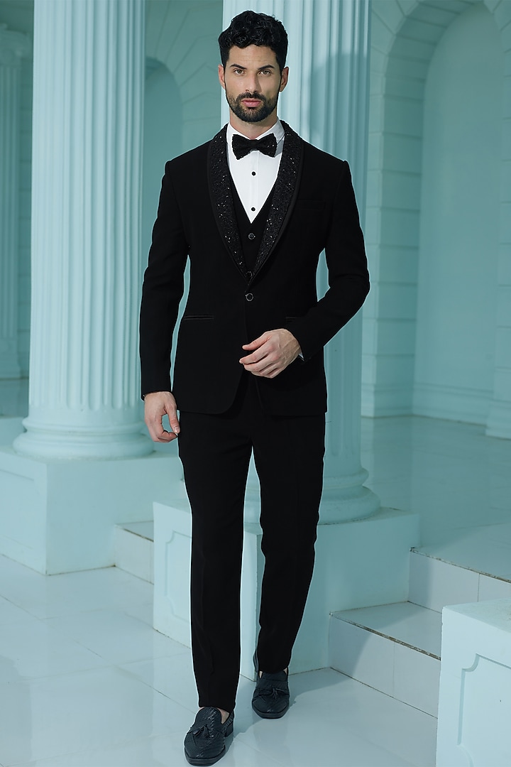 Black Japanese Suiting Beads Embellished Tuxedo Set by RE CHANNEL at Pernia's Pop Up Shop