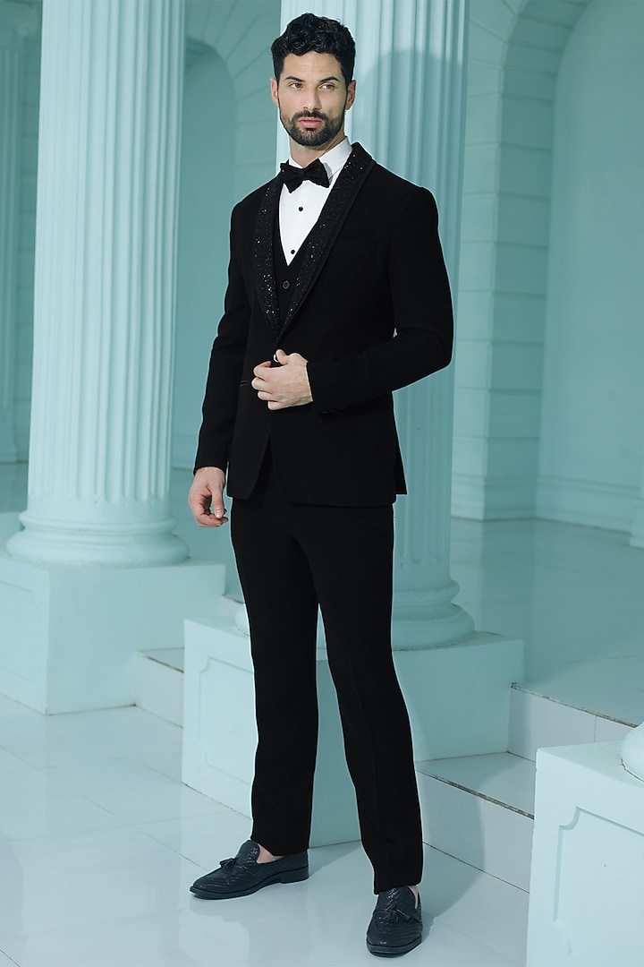 Black Japanese Suiting Beads Embellished Tuxedo Set by RE CHANNEL at Pernia's Pop Up Shop