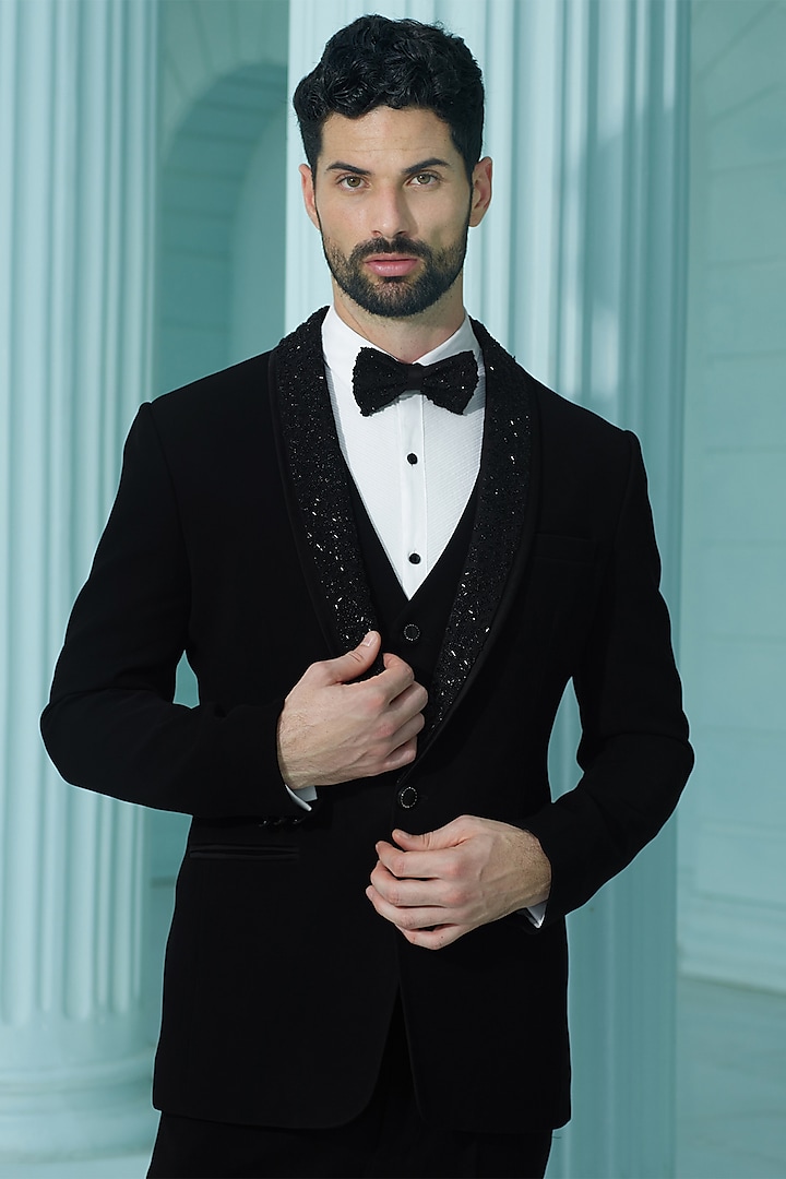 Black Japanese Suiting Beads Embellished Tuxedo Set by RE CHANNEL at Pernia's Pop Up Shop