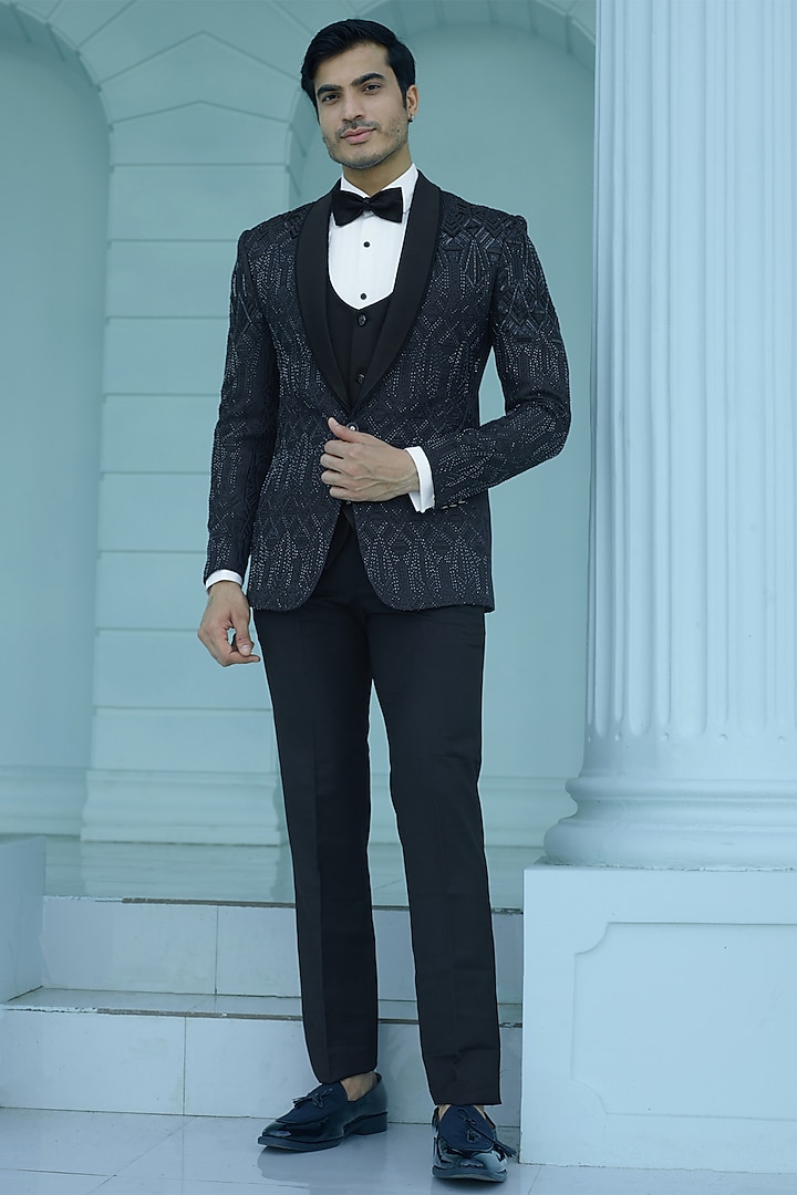 Blue Imported Suiting Fabric Sequins Embroidered Tuxedo Set by RE CHANNEL