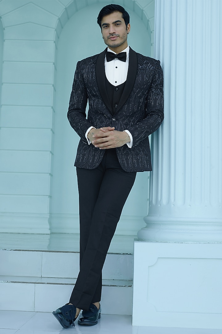 Blue Imported Suiting Fabric Sequins Embroidered Tuxedo Set by RE CHANNEL at Pernia's Pop Up Shop