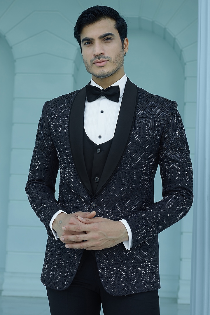 Blue Imported Suiting Fabric Sequins Embroidered Tuxedo Set by RE CHANNEL at Pernia's Pop Up Shop