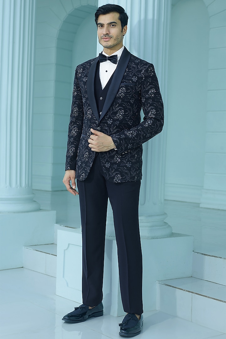 Midnight Blue Japanese Suiting Fabric Floral Embellished Tuxedo Set by RE CHANNEL at Pernia's Pop Up Shop