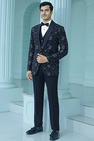 Midnight Blue Japanese Suiting Fabric Floral Embellished Tuxedo Set by RE CHANNEL