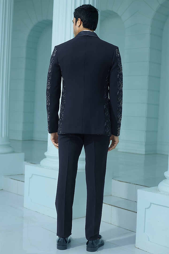 Midnight Blue Japanese Suiting Fabric Floral Embellished Tuxedo Set by RE CHANNEL at Pernia's Pop Up Shop