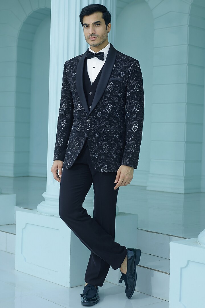 Midnight Blue Japanese Suiting Fabric Floral Embellished Tuxedo Set by RE CHANNEL at Pernia's Pop Up Shop