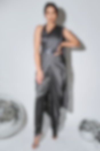 Charcoal Grey Draped Saree Set by Reda by Mansha
